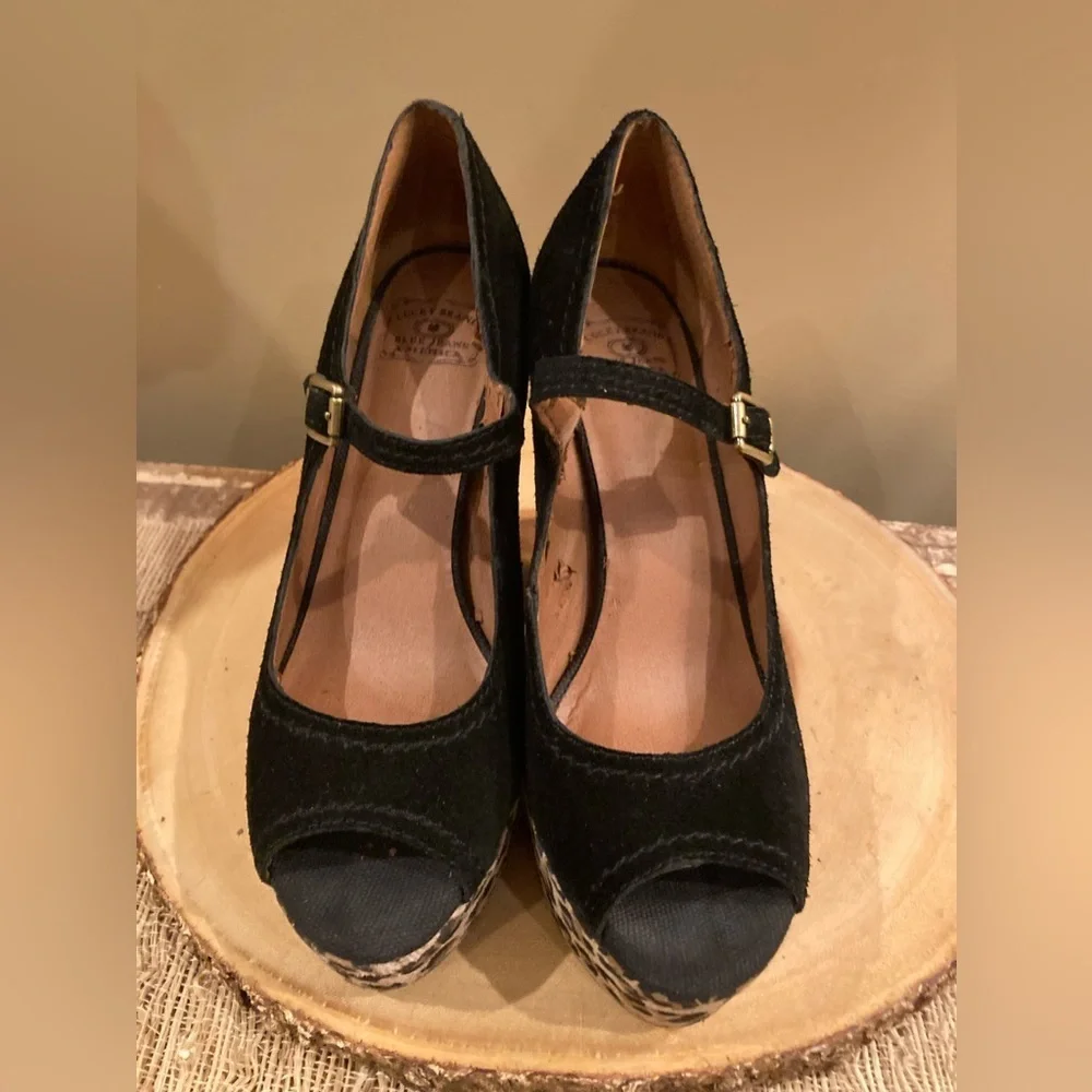 Lucky Brand Neece Womens 8M Black Peep Toe Suede Platform‎ Hi Heels Leopa…